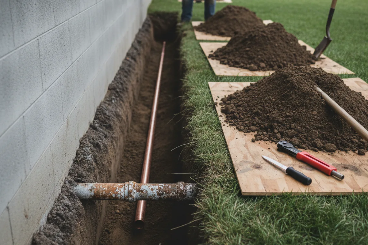 Excavated water line trench during Water Softener Installation in Henryville